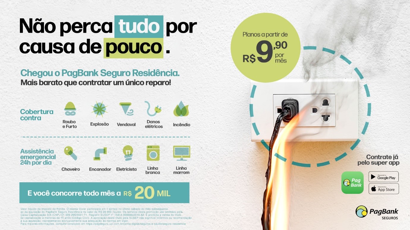 PagSeguro PagBank oferece o PagBank Seguro Residência, a partir de R$ 9,90, com ampla assistência e sorteios mensais de R$ 20 mil
