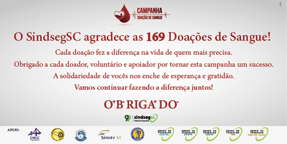 Campanha SindsegSC conquista 169 doadores de sangue em 50 dias